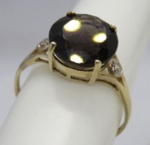 9ct gold smoky quartz and diamond ring, stamped 9k 375, size O.