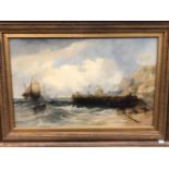 LATE 19th C. SCHOOL, SHIPPING AT SEA OFF A COASTAL QUAY WITH A CHURCH BELOW THE CLIFFS, OIL ON
