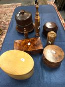 SEVEN WORLD TRAVEL SOUVENIR WOODEN BOXES TOGETHER WITH A TREEN CHEESE DISH AND COVER