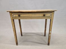 A 19th C. GREY PAINTED PINE TABLE, THE BOW FRONTED TOP ABOVE A SINGLE DRAWER AND SQUARE SECTIONED