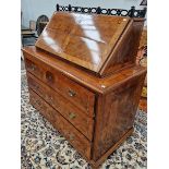 AN 18th C. SOUTH GERMAN WALNUT BUREAU, THE QUARTER VENEERED CROSS BANDED FALL BELOW AND EBONISED