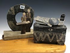 JOHN MALTBY (1936-2020), A FAMILY GROUP AND STONE CIRCLE. H 22cms. TOGETHER WITH A JOHN MALTBY BOX