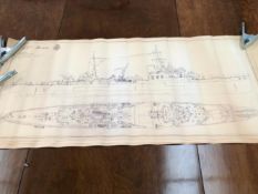 SEVEN PRINTED CROSS SECTIONS AND DESIGNS OF THE WARSHIPS MARATHON, MAGICIENNE, ADVENTURE, VULCAN,