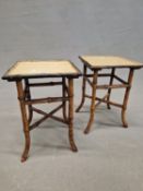 TWO PAIRS OF BAMBOO BEDSIDE TABLE, THE LARGER WITH TWO WOVEN CANE TIERS. W 50 x D 36 x H 50cms.