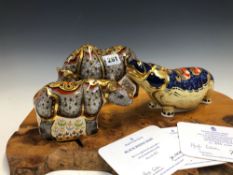 A 2010 ROYAL CROWN DERBY BLACK RHINO, 41/500, A BLACK RHINO BABY, 41/500 AND A 2003 HIPPOPOTAMUS,