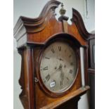 A 19th C. OAK LONG CASED CLOCK, THE SILVERED CIRCULAR DIAL WITH ROMAN HOUR AND ARABIC MINUTE