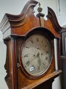 A 19th C. OAK LONG CASED CLOCK, THE SILVERED CIRCULAR DIAL WITH ROMAN HOUR AND ARABIC MINUTE