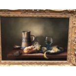 20th C. SCHOOL, A STILL LIFE OF BREAD, GRAPES, OYSTERS AND A ROEMER OF WINE, OIL ON CANVAS, SIGNED