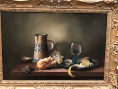 20th C. SCHOOL, A STILL LIFE OF BREAD, GRAPES, OYSTERS AND A ROEMER OF WINE, OIL ON CANVAS, SIGNED