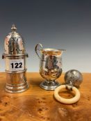 A SILVER SUGAR CASTER BY PAIRPOINT BROTHERS, LONDON 1914, A BALUSTER CHRISTENING MUG, MARKS WORN AND