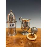 A SILVER SUGAR CASTER BY PAIRPOINT BROTHERS, LONDON 1914, A BALUSTER CHRISTENING MUG, MARKS WORN AND