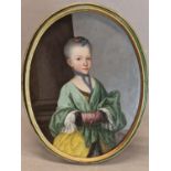 18th C. CONTINENTAL SCHOOL, AN OVAL PORTRAIT OF A LADY WEARING A GREEN SHAWL OVER A YELLOW DRESS,