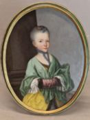 18th C. CONTINENTAL SCHOOL, AN OVAL PORTRAIT OF A LADY WEARING A GREEN SHAWL OVER A YELLOW DRESS,