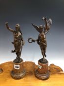 A PAIR OF LATE 19th C. BRONZE FIGURES OF SCANTILY DRAPED LADIES, ONE REPRESENTING WINGED VICTORY AND