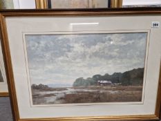 ROY PERRY (1935-93),ARR. HOUSES ON A MARSHY COASTLINE, WATERCOLOUR, SIGNED LOWER LEFT. 32 x 51cms.