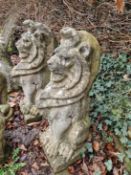 A PAIR OF OLD WEATHERED GARDEN FIGURE OF LARGE TALL SEATED LIONS.