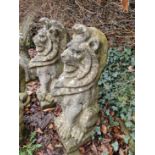 A PAIR OF OLD WEATHERED GARDEN FIGURE OF LARGE TALL SEATED LIONS.