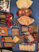 A COLLECTION OF ETHNIC BAGS, SKULL CAPS, A PAIR OF SHOES AND TWO PANELS