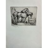 E. BLAMPIED ( 1886 - 1966 ) ARR. TWO SIGNED ETCHINGS OF WORK HORSES. SHEET SIZE 38 x 28cms