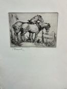 E. BLAMPIED ( 1886 - 1966 ) ARR. TWO SIGNED ETCHINGS OF WORK HORSES. SHEET SIZE 38 x 28cms