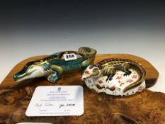 A 2002 CROWN DERBY GOLD SIGNATURE EDITION CROCODILE PAPERWEIGHT WITH CERTIFICATE TOGETHER WITH A
