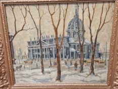 JAMES MOFFAT DONNELL (1884-1957), ST JAMES CATHEDRAL, DOMINION SQUARE, MONTREAL IN THE SNOW. OIL