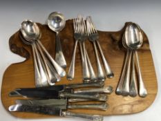 A SILVER OLD ENGLISH PATTERN CUTLERY SET, MAINLY BY J S, BIRMINGHAM 1934/7, COMPRISING EIGHT OF