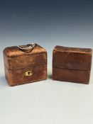 A 19th C. RIMMEL LEATHER BOXED PAIR OF SCENT BOTTLES TOGETHER WITH A LEATHER MOUNTED CASE OF FOUR