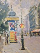 20th C. FRENCH SCHOOL, A PARIS STREET SCENE, OIL ON CANVAS, SIGNED INDISTINCTLY LOWER LEFT. 59 x