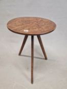 A 19th C. OAK CRICKET TABLE, THE CIRCULAR TOP ON THREE LEGS. Dia 46.5 x H 66cms.