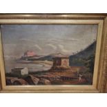 19th C. MEDITERRANEAN SCHOOL, FIGURES ABOUT A BAY WITH DEFENSIVE BUILDINGS, OIL ON CANVAS. 49 x 72.