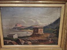 19th C. MEDITERRANEAN SCHOOL, FIGURES ABOUT A BAY WITH DEFENSIVE BUILDINGS, OIL ON CANVAS. 49 x 72.