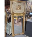 A RECTANGULAR MIRROR IN AN EARLY 19th C. PARCEL GILT GREY GROUND FRAME, THE PANEL ABOVE THE GILT