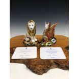 A 2003 ROYAL CROWN DERBY WYVERN PAPERWEIGHT, 1033/2000 TOGETHER WITH A 2001 HERALDIC LION