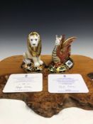 A 2003 ROYAL CROWN DERBY WYVERN PAPERWEIGHT, 1033/2000 TOGETHER WITH A 2001 HERALDIC LION