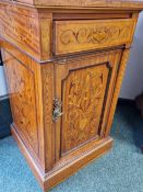 A FLORAL MARQUETRIED SATIN WOOD BEDSIDE CUPBOARD BY S + H JEWELL OF HOLBORN, STAMPED INSIDE THE