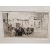 EDGAR CHAHINE 1874 - 1947. A STREET PROCESSION PENCIL SIGNED ETCHING 22 X 36CM