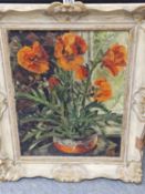 P. NEAL, POPPIES GROWING IN A RED BOWL, OIL ON CANVAS SIGNED LOWER RIGHT AND VERSO WITH THE DATE