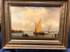 HENDRIK HULK (1842-1937), SAILING BARGES IN AN ESTUARY, OIL ON CANVAS, SIGNED LOWER RIGHT. 31 x