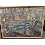 GARY SARGEANT (B. 1939), ARR. A BLUE BICYCLE IN THE FOREGROUND OF STORAGE SHEDDING, OIL ON PANEL,