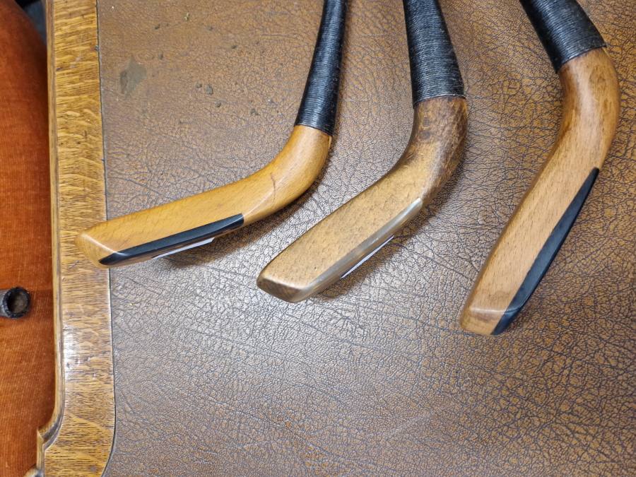 THREE LONG NOSED WOODEN GOLF CLUBS AFTER MCEWAN AND PHILP