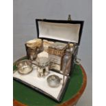 A DREW & SONS, PICCADILLY, PICNIC SET IN A TWO HANDLED BLACK LEATHERETTE CASE, THE CHROME AND