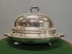 AN ELECTROPLATE ON COPPER TWO HANDLED CHAFING DISH, GADROON EDGED PLATTER AND COVER, THE LATTER