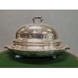 AN ELECTROPLATE ON COPPER TWO HANDLED CHAFING DISH, GADROON EDGED PLATTER AND COVER, THE LATTER