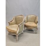 A PAIR OF FRENCH GREY PAINTED HOOP BACK FAUTEUILS, THE GREY LEATHERETTE UPHOLSTERED BACKS CRESTED B