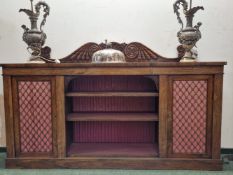 A 19th C. ROSEWOOD SIDE CABINET, THE GALLERY BACK CARVED WITH CENTRAL SHELL AND SCROLLS, THE CENTRAL
