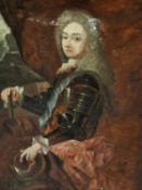 19th C. EUROPEAN SCHOOL, PORTRAIT OF A 17th C. IN ARMOUR STANDING BEFORE A RED CURTAIN, OIL ON