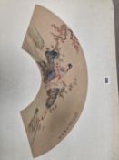 EIGHT CHINESE WATERCOLOURED FAN LEAVES, EACH PAINTED WITH A SINGLE LADY EITHER IN A LANDSCAPE OR A