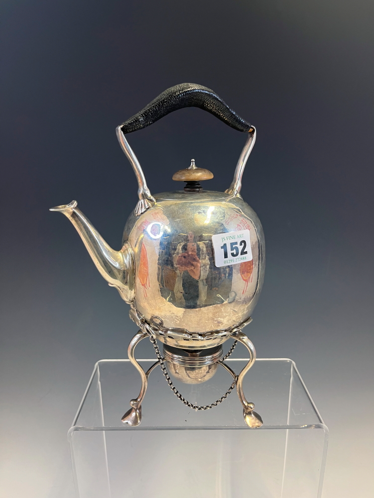 A SILVER KETTLE, BURNER AND STAND BY SAMUEL WHITFORD, LONDON 1764, THE KETTLE WITH BLACK LEATHER