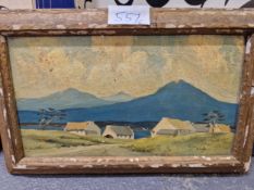A CROLLY (20th C.) CROFTS BY A MOUNTAINOUS SEA INLET, OIL ON PANEL, SIGNED LOWER RIGHT. 13 x 23cms